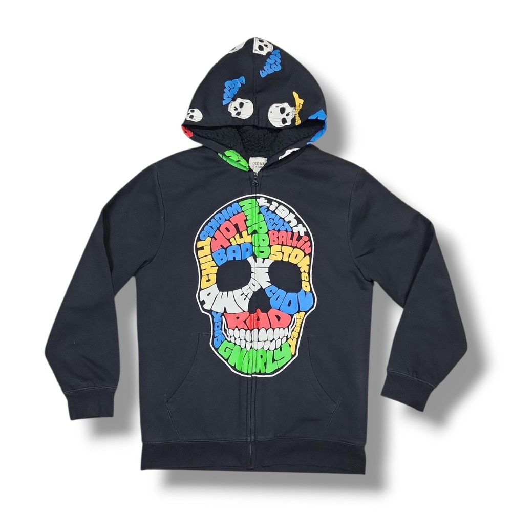 Old Navy Skull Print Sherpa Lined‎ Zip Up Black Hoodie Boys Size XL 14-16
